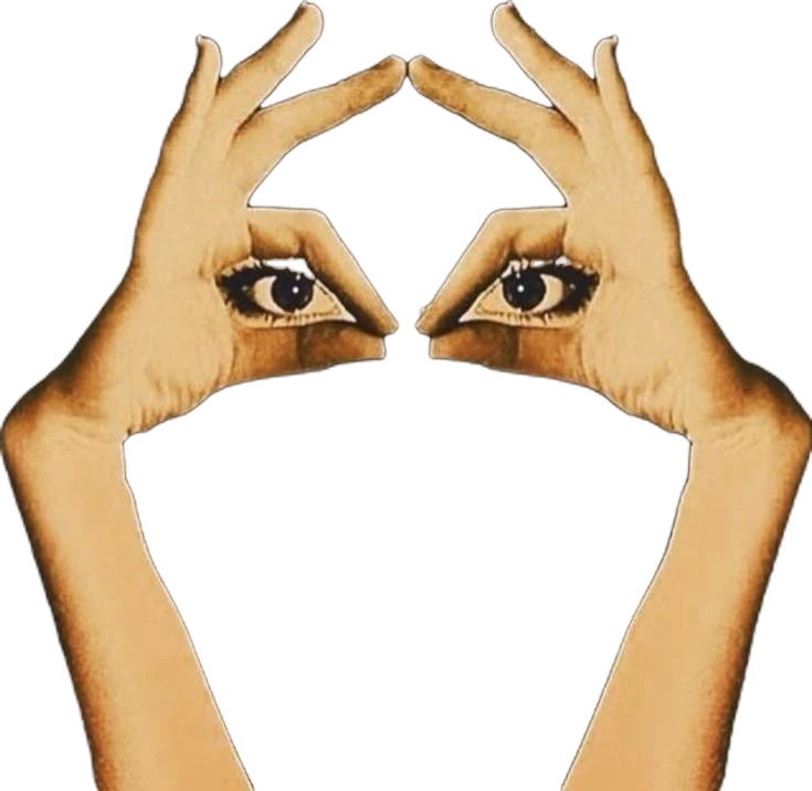Two hands raised to frame a pair of eyes looking straight ahead.