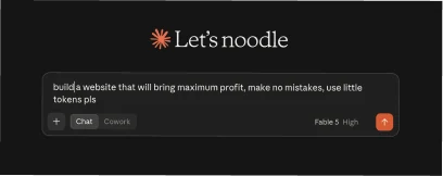 A screenshot of a chat prompt reading 'build a website that will bring maximum profit, make no mistakes, use little tokens pls'.